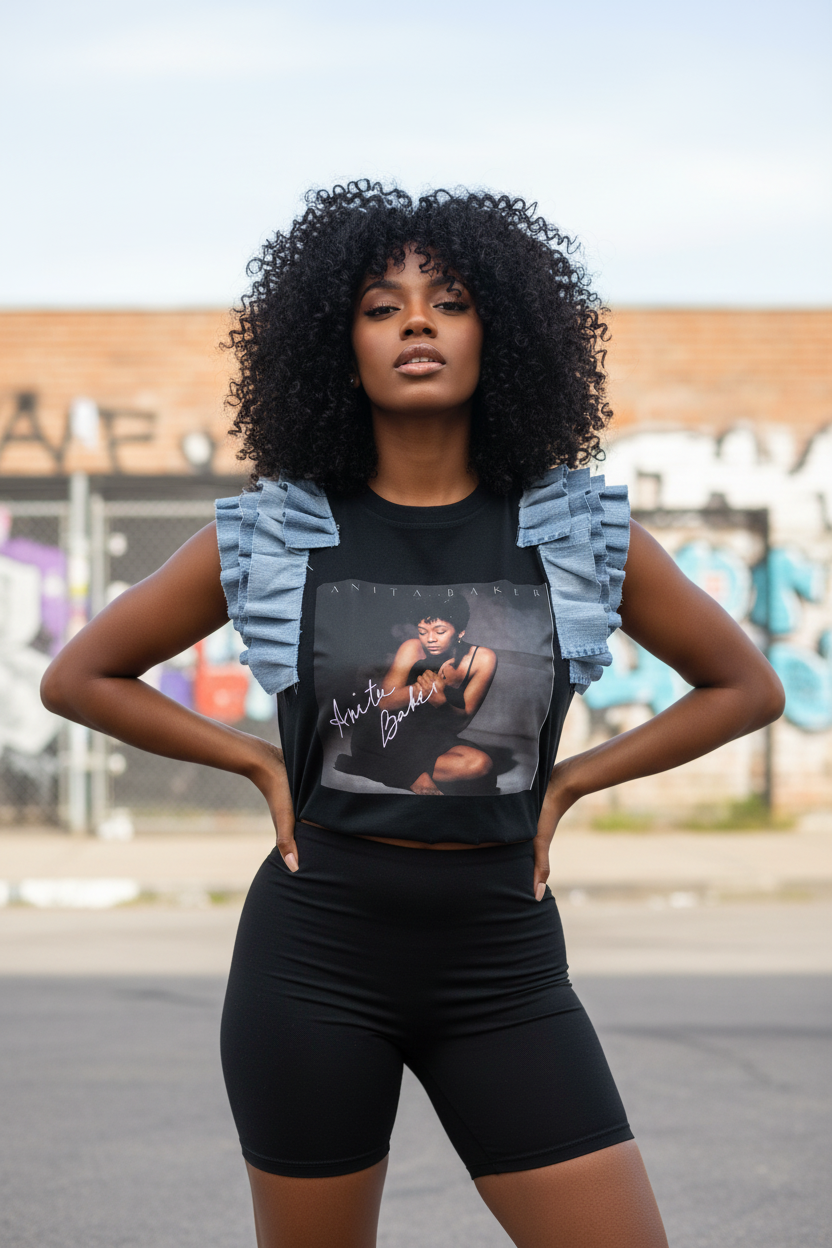 Anita Baker Ruffle Tee - Black Biker Shorts