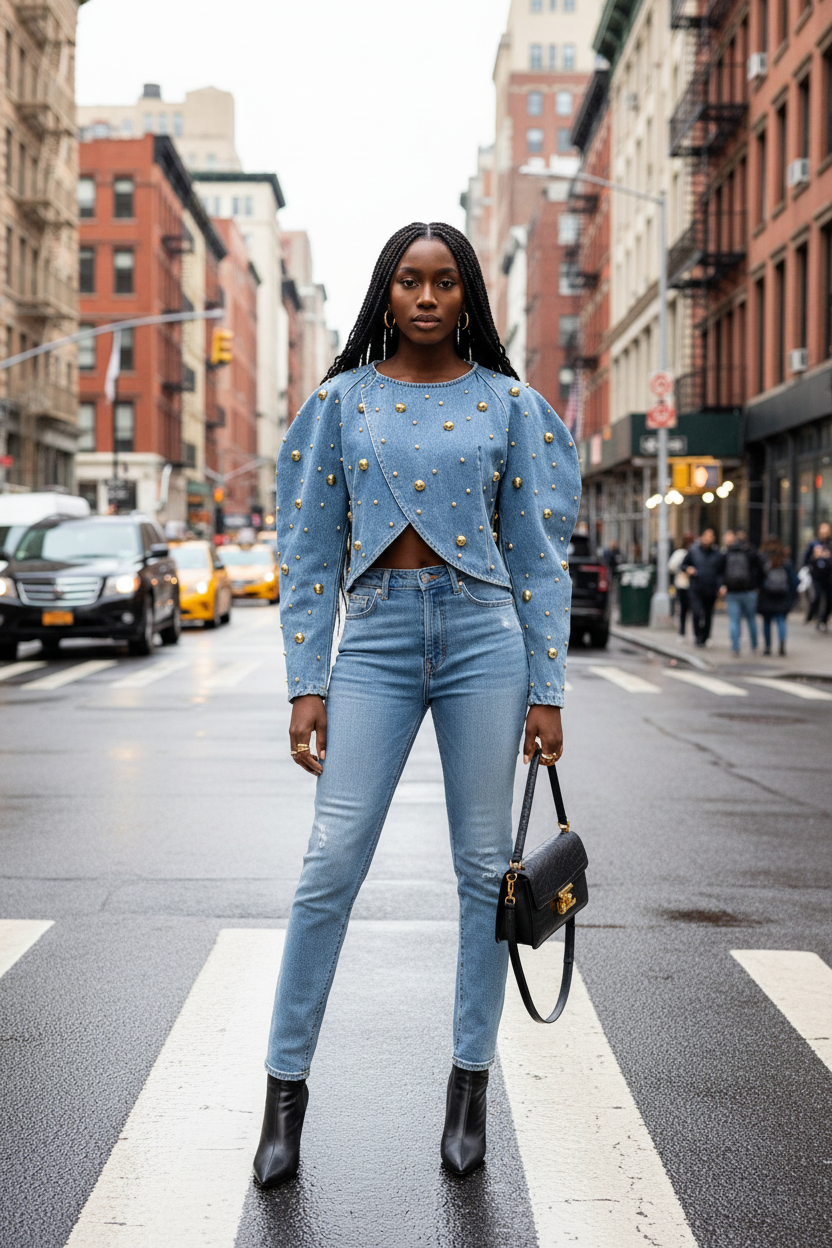 Black Girl in Gold Stud Denim Jacket - NYC