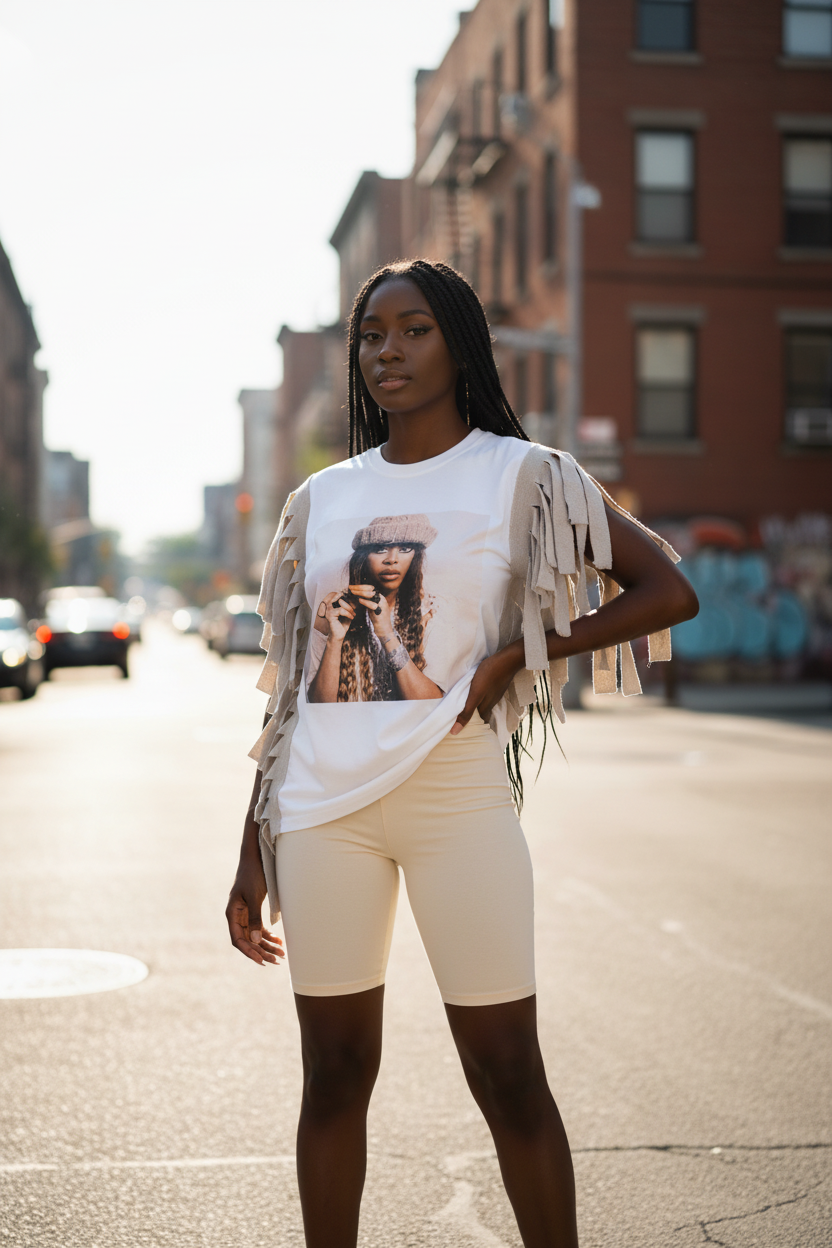 Black Model - Fringe Tee with Cream Biker Shorts