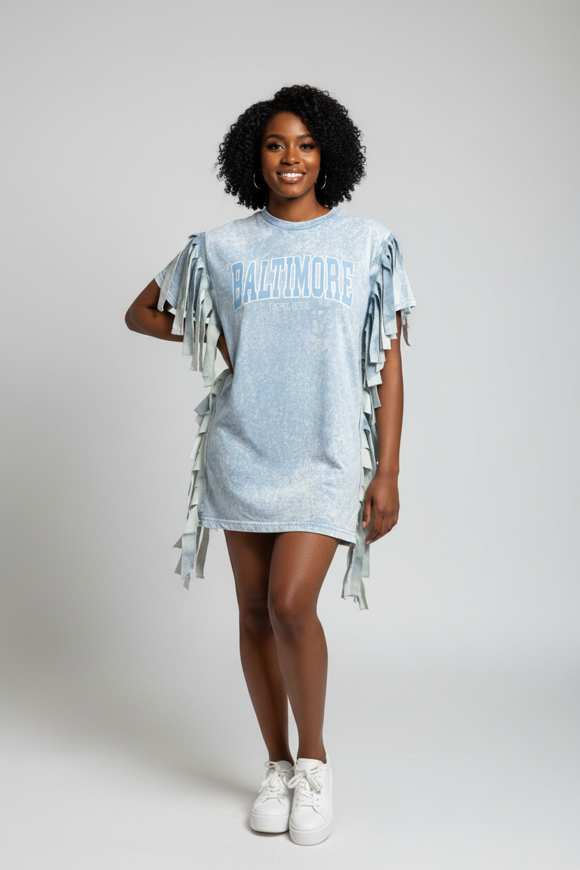 Black model wearing Baltimore fringe shirt
