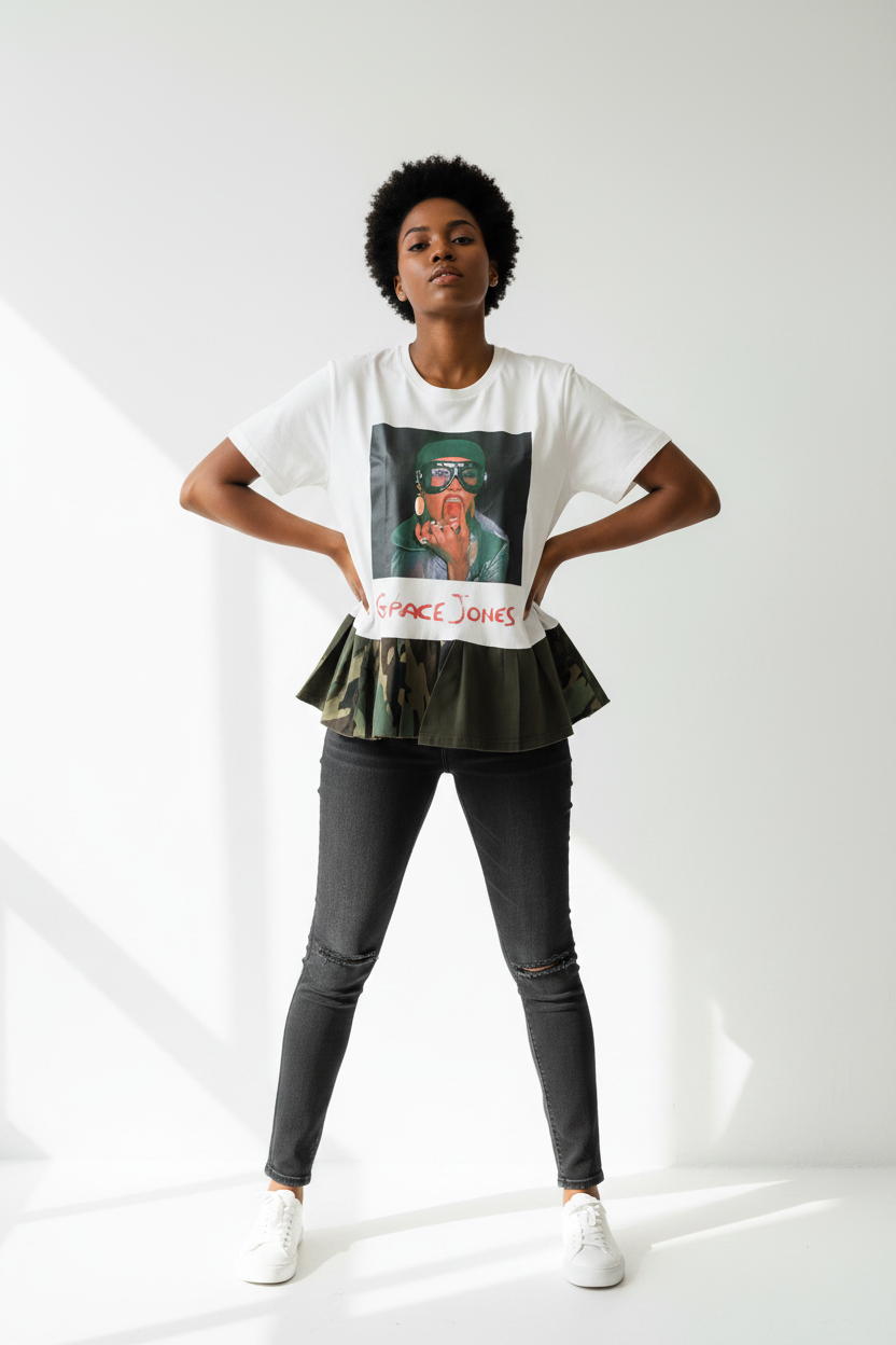 Black model wearing Grace Jones graphic shirt