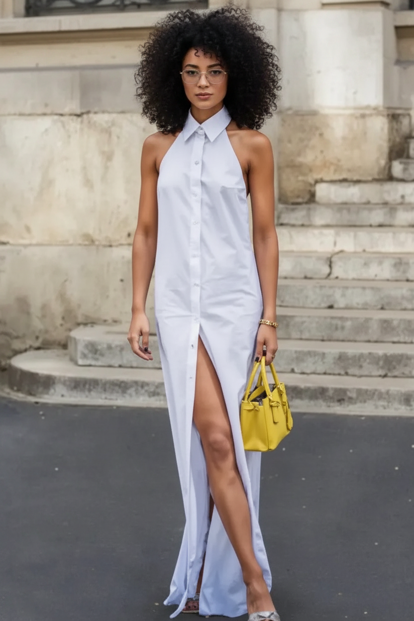 Black model with curly hair in white shirt dress