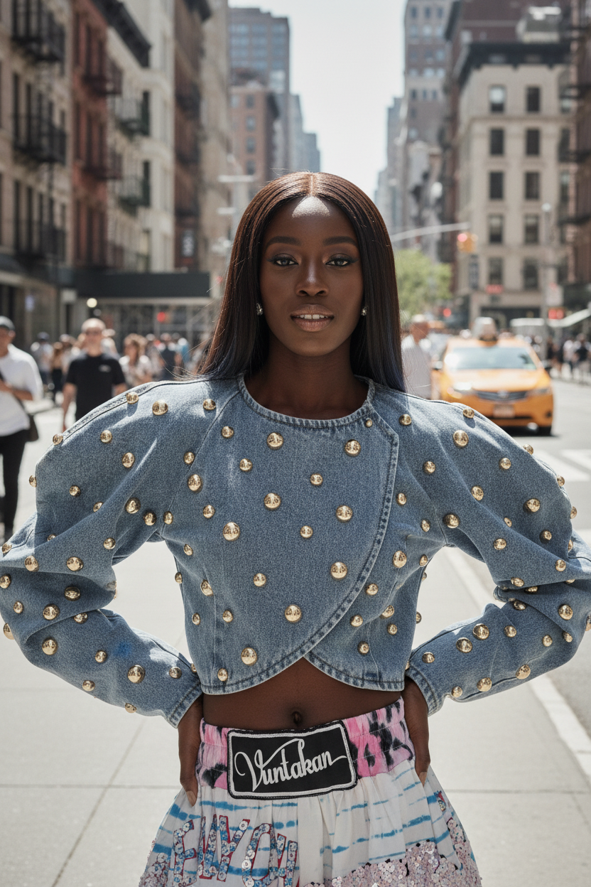 Black model with straight hair in studded denim jacket