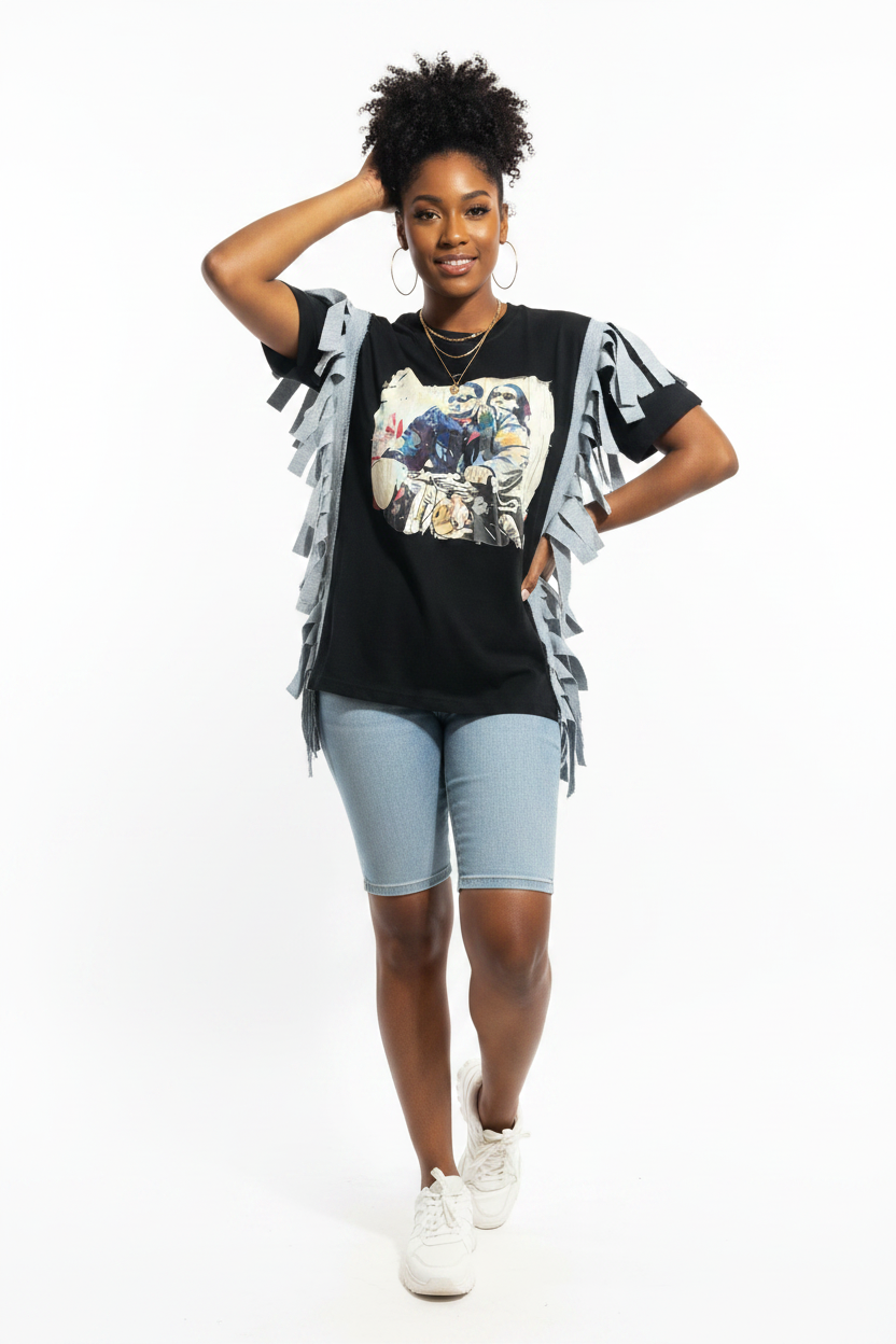 Fringe Tee - Black Model with Light Wash Denim Biker Shorts