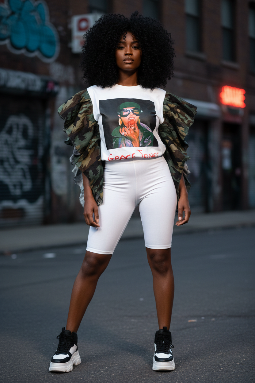 Grace Jones Camo Ruffle Tee - White Biker Shorts