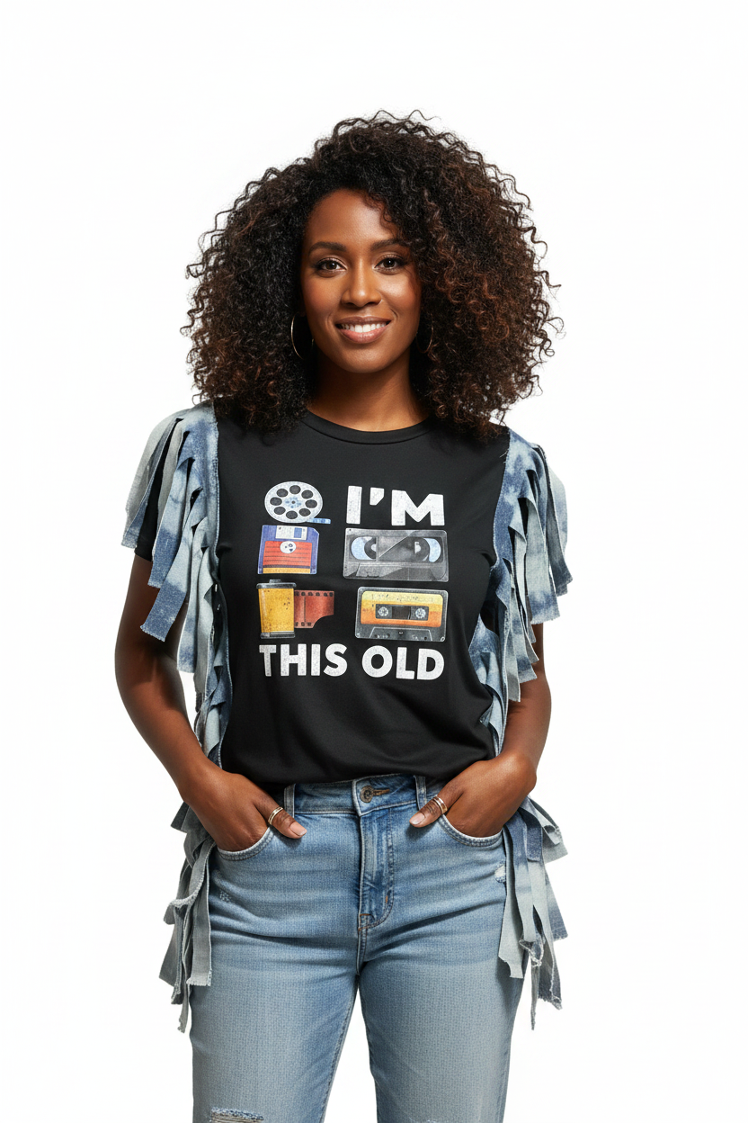 I'm This Old Fringe Tee - Black Model with Light Denim