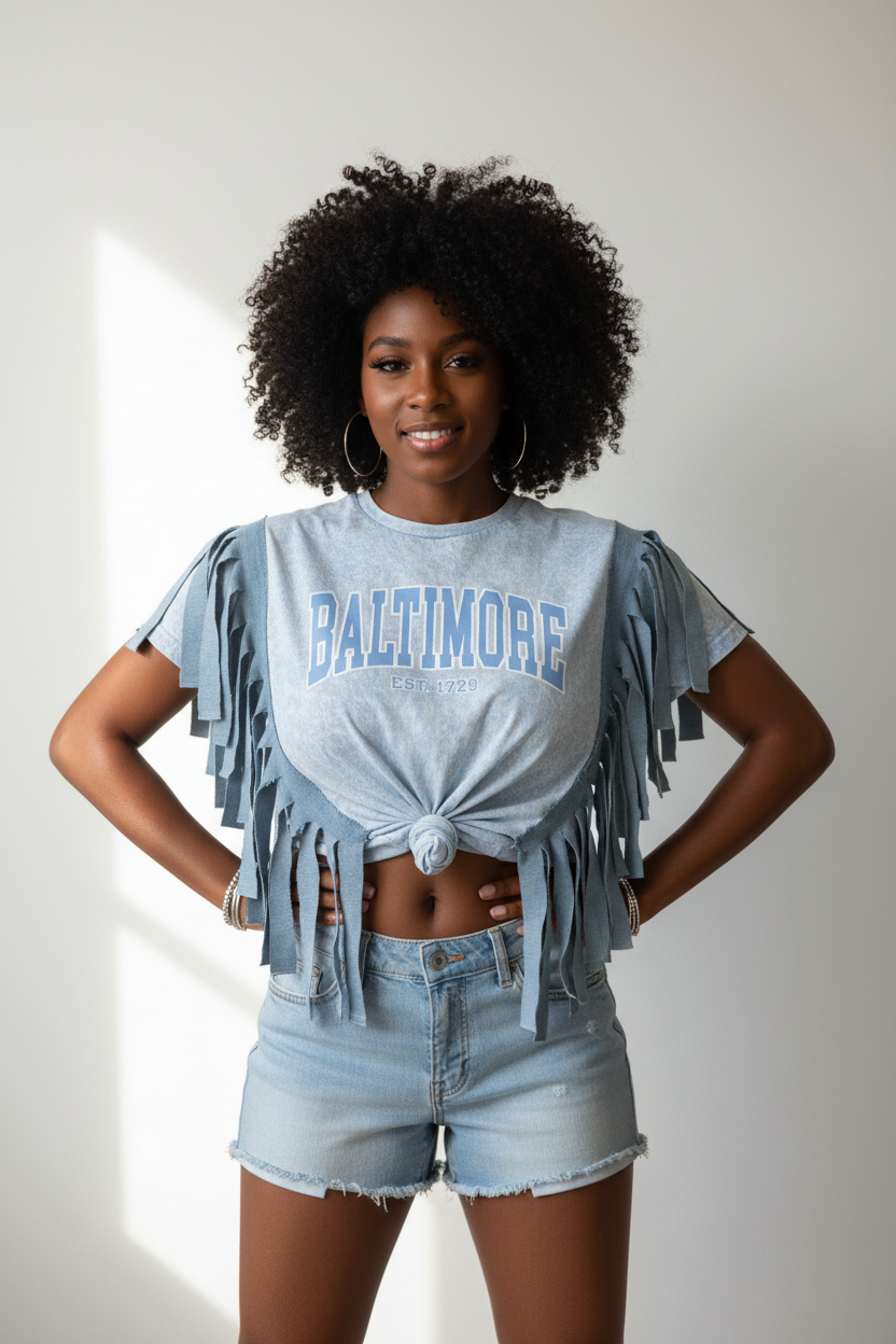 Model with Baltimore fringe shirt tied up and denim short shorts